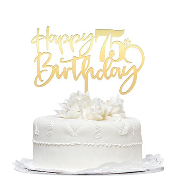 Happy 75th Birthday Cake Topper - Mirrored Gold Acrylic, Durable Party Cake Decoration
