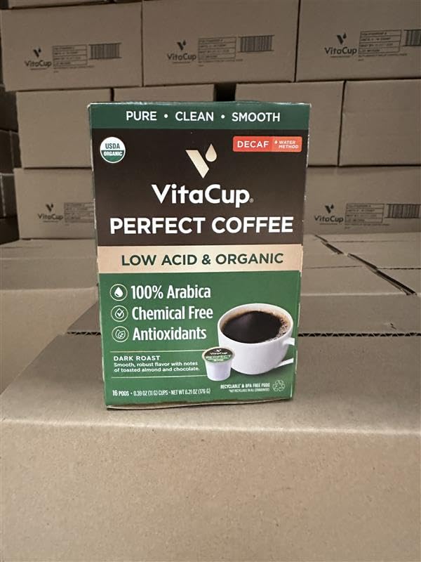 VitaCup Organic Perfect Dark Roast Decaf Coffee Pod for Pure & Clean Energy  Antioxidants  Low Acid  Guatemala Single Origin in Recyclable Single Serve Pod compatible w/Keurig K-Cup malt-inspired 16CT