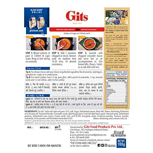 Gits Instant Sambhar Breakfast Mix, Makes 1200Ml Per Pack, Pure Veg, South Indian Recipe 400G (Pack Of 4, 100G Each)
