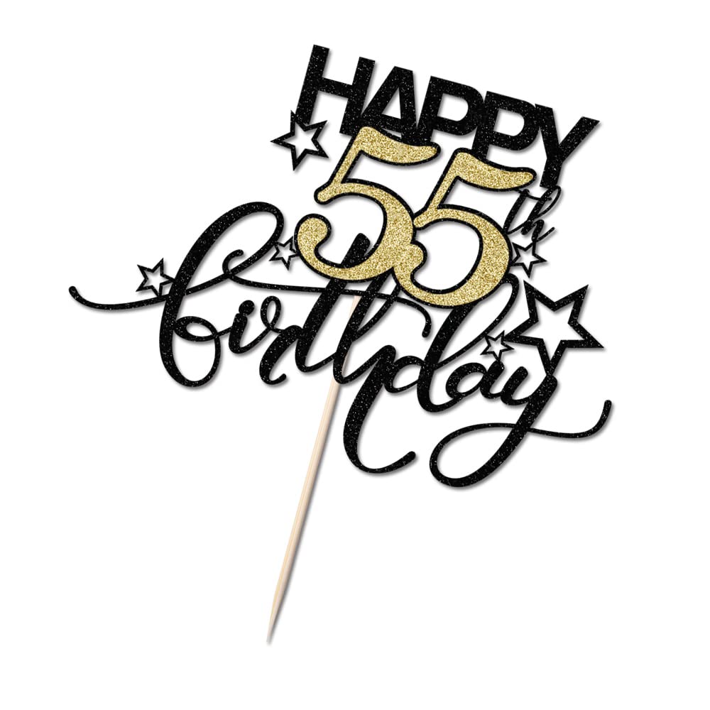 Bekaterea Happy Birthday Cake Topper,Black Font Golden Numbers 55Th Birthday Cake Decoration,Hello 55, Cheers To 55Years/55Th An