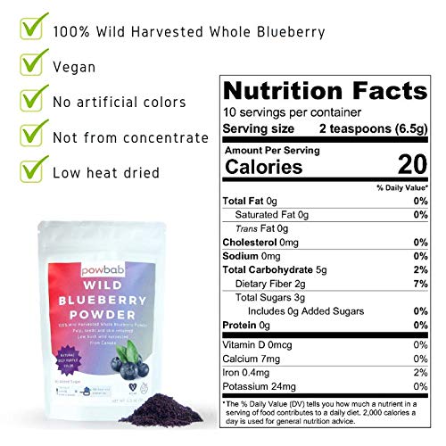 powbab Wild Blueberry Powder, 100% Whole Wild Blueberries, 70 g (2.5 oz), Non-GMO, Not Freeze Dried, Pure Fruit Powder