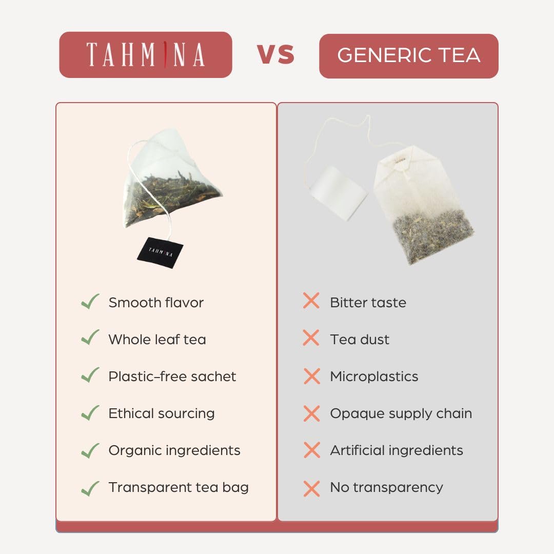 Tahmina Saffron Rooibos Tea - Caffeine Free Herbal Blend, 12 Biodegradable Pyramid Bags, 36 Cups, 1 Pack