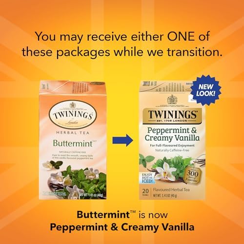 Twinings Peppermint & Creamy Vanilla Herbal Tea, 20 Count (Pack of 6), Naturally Caffeine-Free, Formerly Buttermint