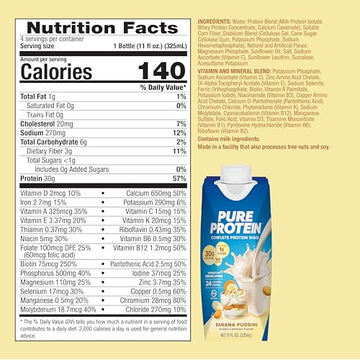 Pure Protein Complete Protein Shake  Banana Pudding  30g High Protein Drink  Less than 1g Sugar  3g Fiber  Ready to Drink  Non GMO  On-the-Go Shakes  11oz Bottles  12 Pack
