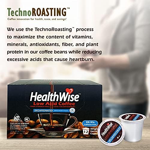 Healthwise Low Acid Unflavored Decaf  Chemical-Free Swiss Water Process  99.9% Caffeine Free  100% Colombian Coffee K-Cups - Medium Roast  Healthier for Sensitive Stomachs - 36 Count (Pack of 3)