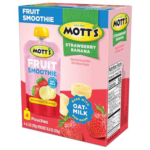Motts Fruit Smoothies Strawberry Banana, 4.2 oz Clear Pouches, 24 Count (6 Packs of 4), Non-dairy, Made With Oatmilk, Made With