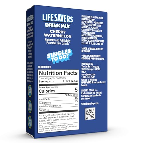 Lifesavers Singles to Go Powdered Drink Mix, Cherry Watermelon, 6 Stick Per Box, 12 Boxes Included for Total of 72 Sticks