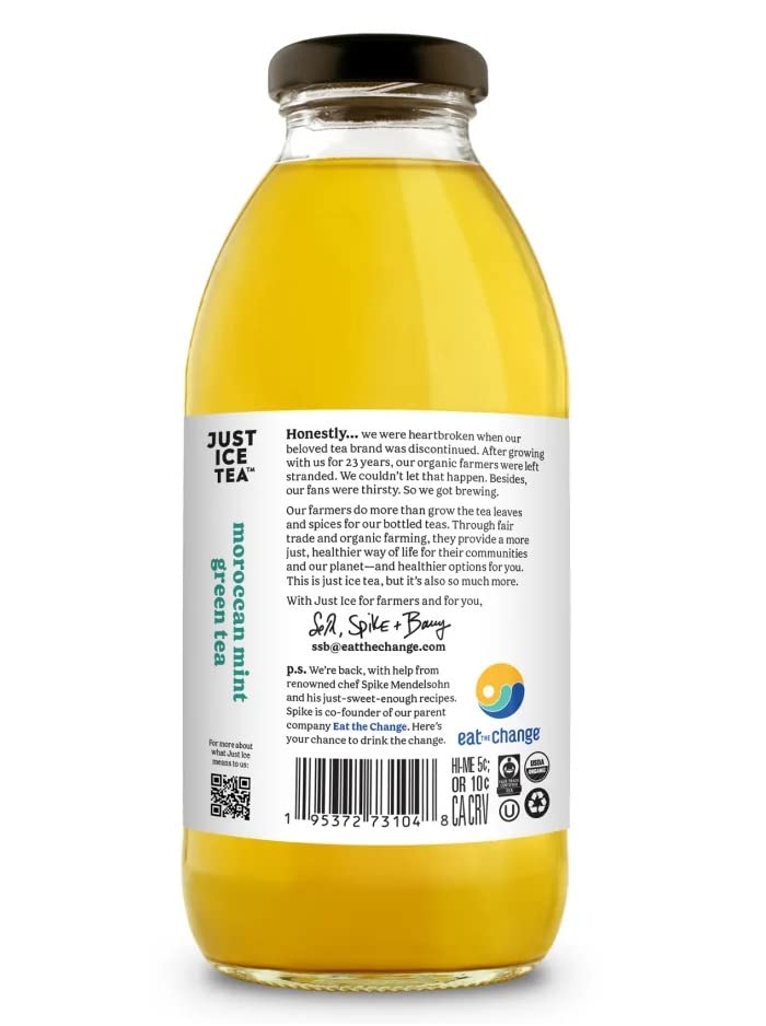 Just Ice Tea Organic Iced Tea, 16 Fl Oz Glass Bottles (Morrocan Mint Green Tea, Pack Of 12)