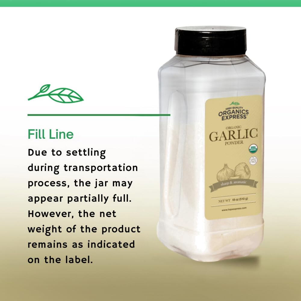 HqO Organic Garlic Powder - Non-GMO, Kosher, USDA Certified - 18 oz Chef Jar
