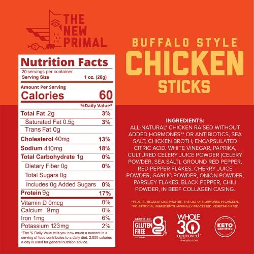 The New Primal All Natural Chicken Sticks, Buffalo Style, Keto & Gluten Free Healthy Snacks For Adults, Sugar Free Low Carb Snack, Paleo, 9G Protein, 60 Calories Buffalo Chicken, 20 Count