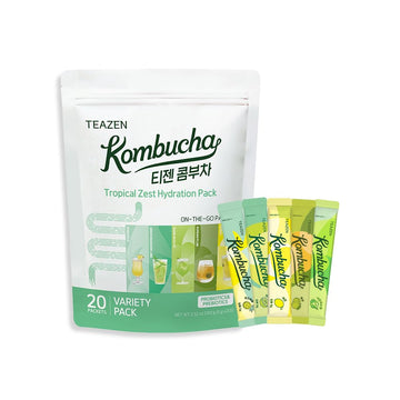 TEAZEN Kombucha Tea Tropical Zest Hydration Variety Pack - 20 Sticks, 5 Flavor (Lemon, Pineapple, Korean Plum, Shine Muscat, Gre