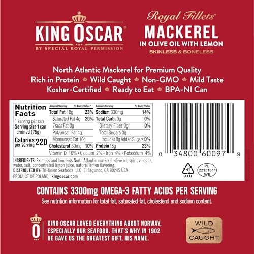 King Oscar Skinless & Boneless Mackerel Variety Pack Olive Oil  Med. Style  Lemon and Jalapeo  4.05-Ounce Cans (Pack of 6)