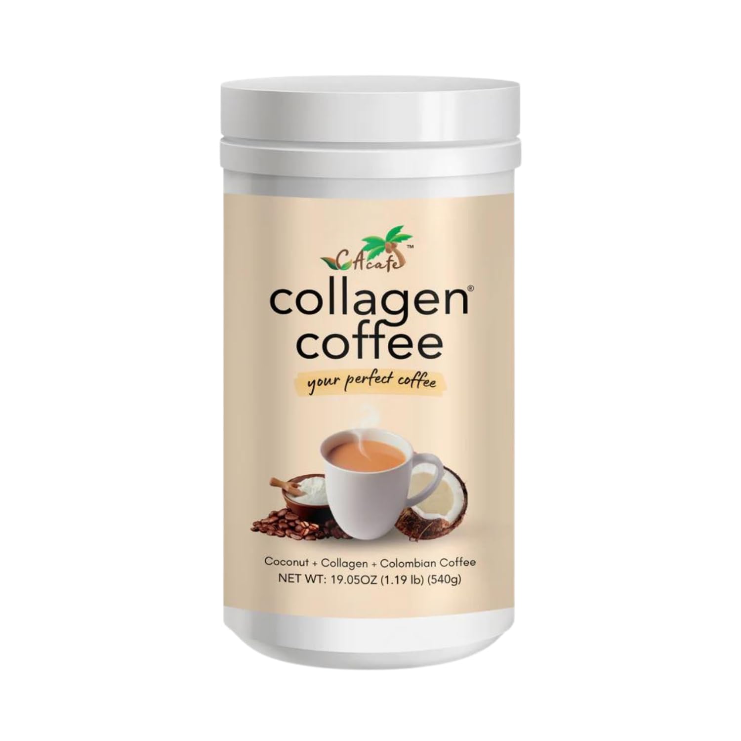 Cacafe Collagen Coffee | Coconut Infused Colombian Blend Coffee With Anti-Aging Collagen | Antioxidants & Natural Energy | 19.05