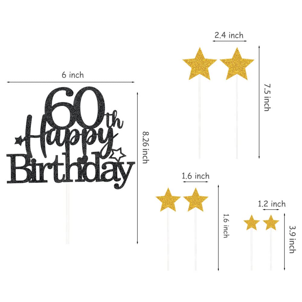 Pargleev 60th Birthday Cake Topper, Glittery Black Gold Star Design, Personalised Party Decoration for Men and Women