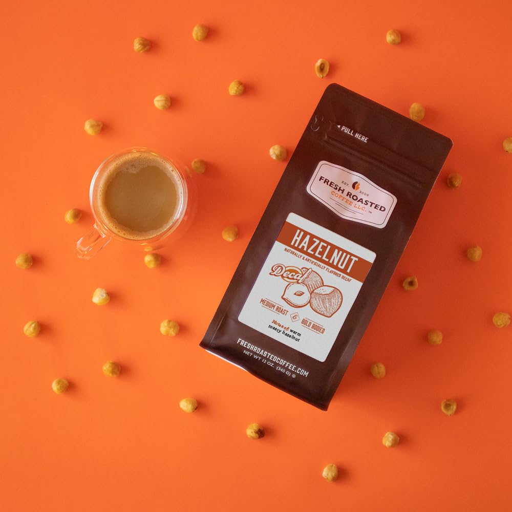 Fresh Roasted Coffee Decaf Hazelnut Flavored Whole Bean, Medium Roast, 2 lb (32 oz)