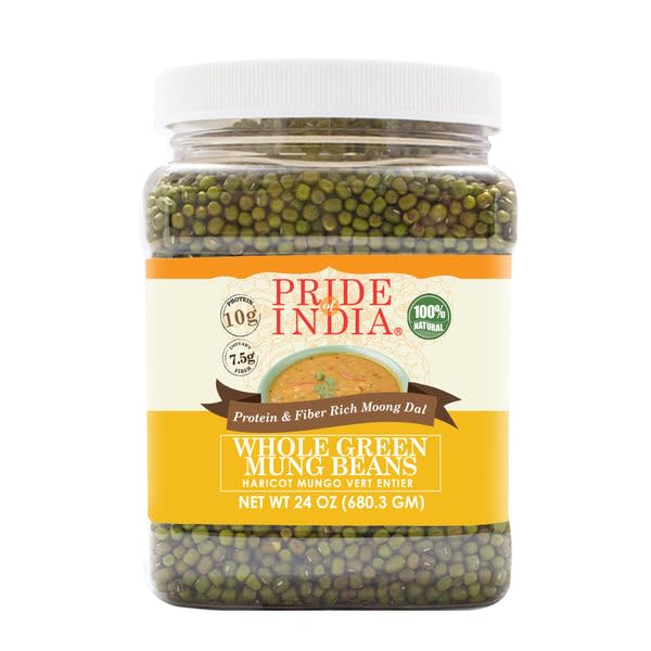 Pride Of India - Pack Of 6 - Indian Whole Green Mung Gram - Protein & Fiber Rich Moong Whole, 1.5 Pound Jar