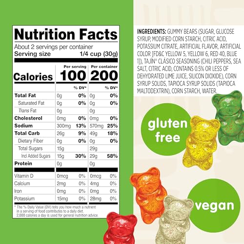 Snak Club Tajin Gummy Bears, Assorted Fruit Candy Gummies with Chili and Lime Seasoning, Mild, Gluten-Free and Vegan Snacks, 2 o