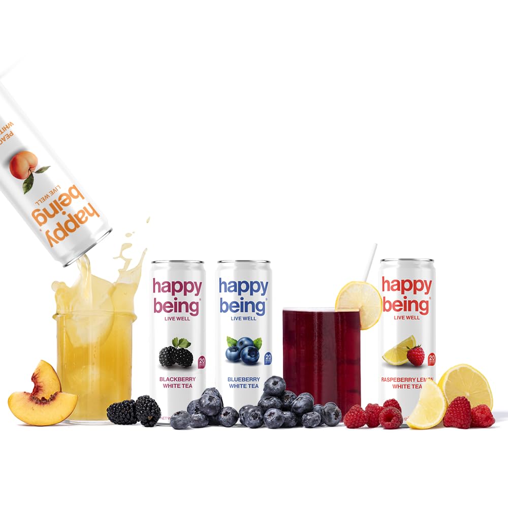 Happy Being Organic White Tea Sampler Pack - 16 Cans, Infused with Turmeric & Elderberry, Flavors: Blueberry, Blackberry Citrus, Raspberry Lemonade, Peach Rose