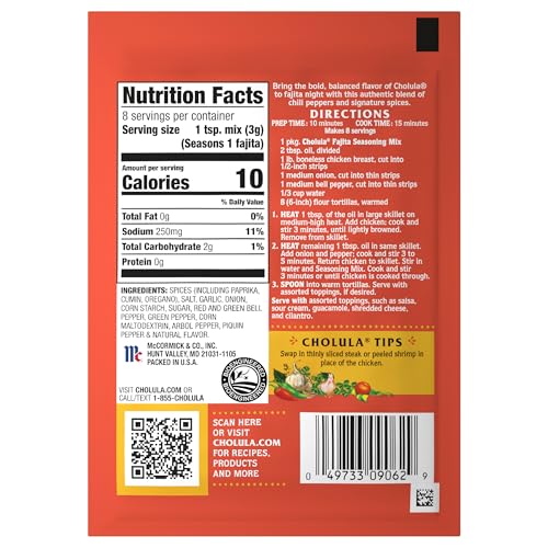 Cholula Seasoning Mix  Original Fajita  Medium Heat  For Chicken  Steak  Shrimp & Veggie Fajitas  0.87 oz (Pack of 12)