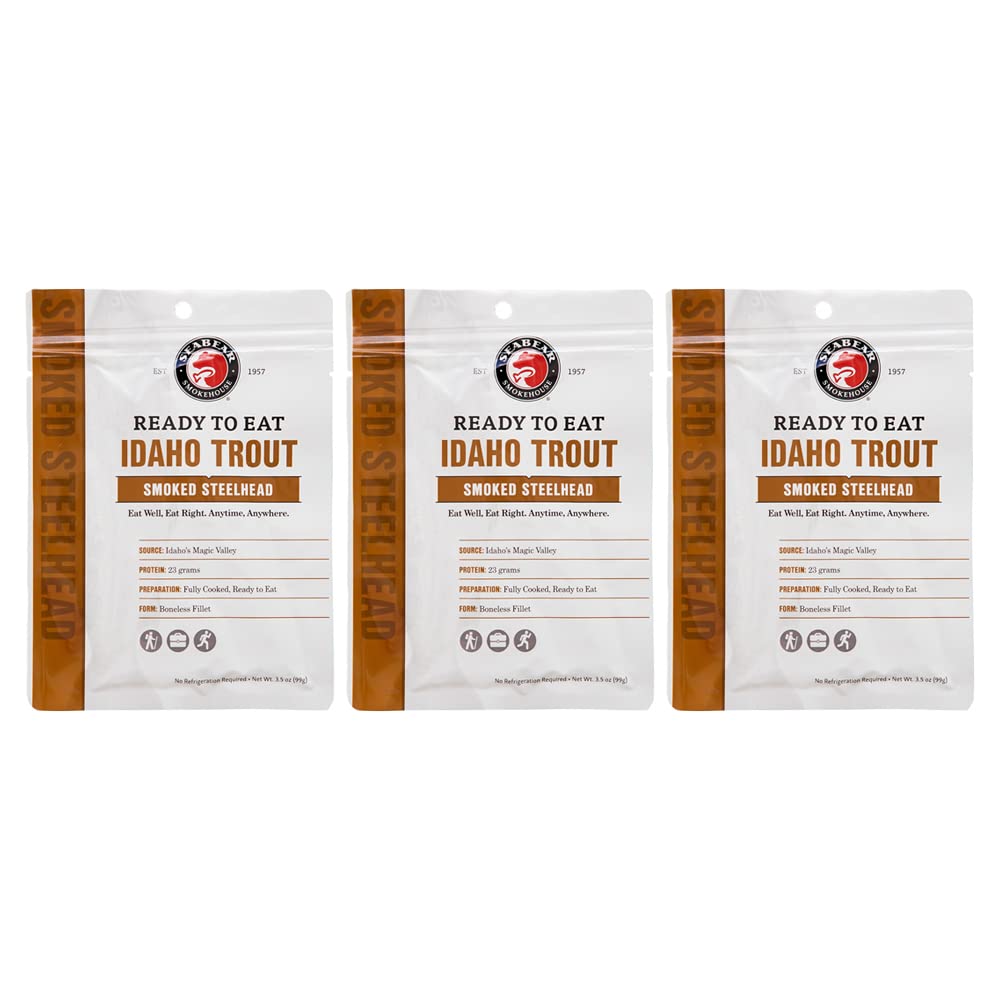 SeaBear Ready to Eat Idaho Trout Fillet - Fully Cooked, High-Protein, Shelf-Stable, 3.5 oz (Pack of 3)
