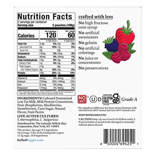 siggis Kids Lowfat Yogurt Pouches, Mixed Berries, 3.5 oz. Each, 4 Ct - 2% Milkfat