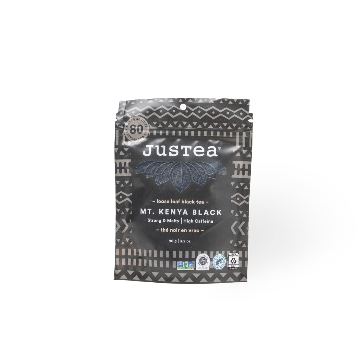JusTea MT. KENYA BLACK Loose Leaf Black Tea, High Caffeine, Fair Trade, 90g Recyclable Pouch, 40+ Cups