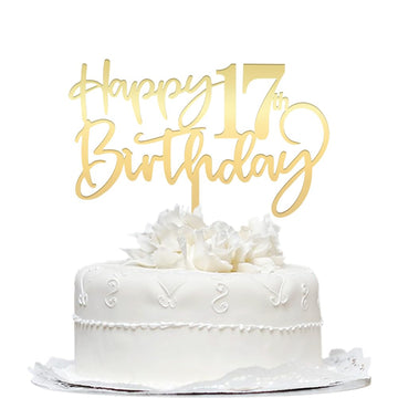Happy 17 Th Birthday Cake Topper,Mirrored Gold Acrylic Durable Cake Topper,17Th Birthday Party Cake Decorations,Hello17Th Years