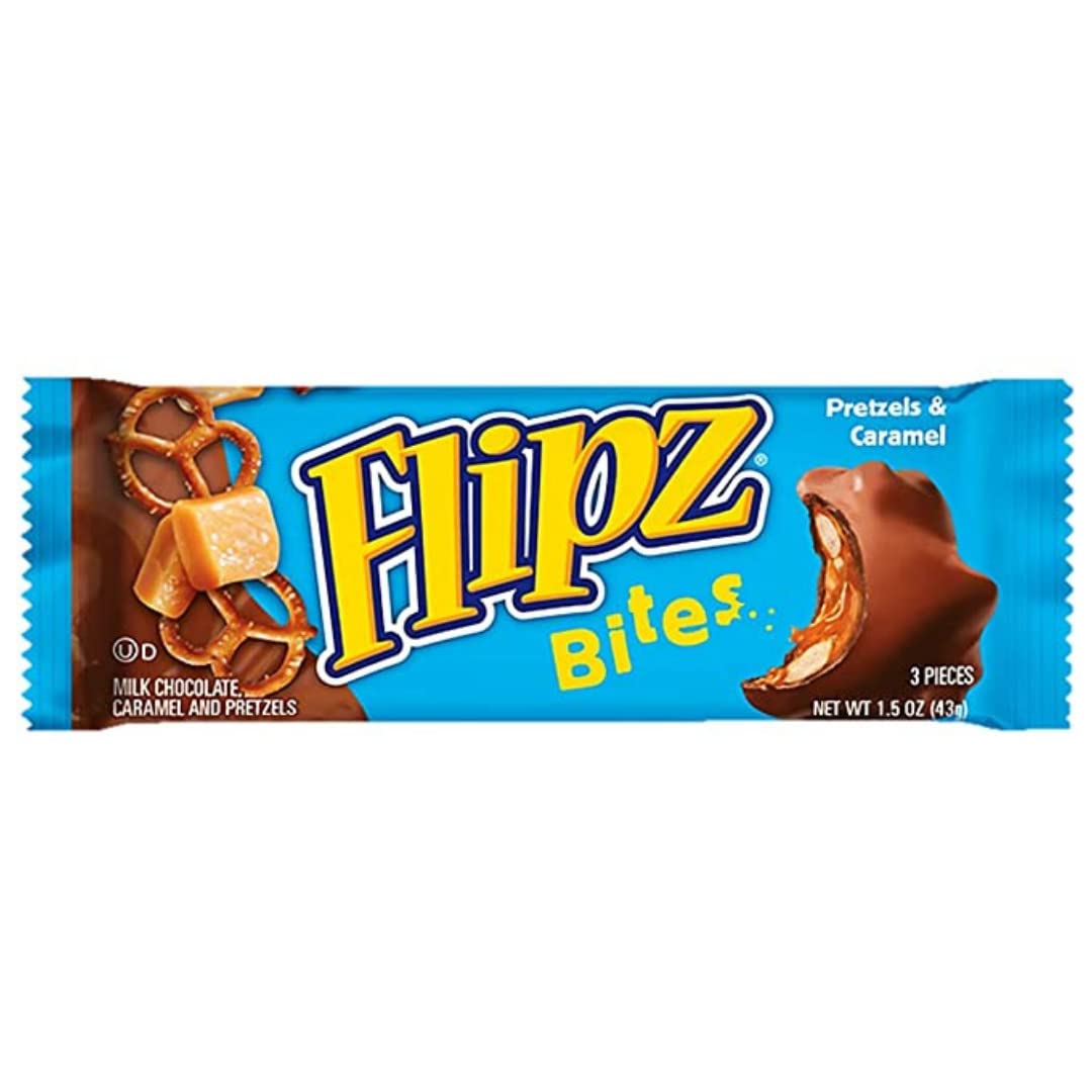 Flipz Bites Bar - Milk Chocolate, Caramel & Pretzels (1.5oz, 3-Piece Bar, 24 Count), Perfect Sweet, Salty, & Crunchy Snack For A