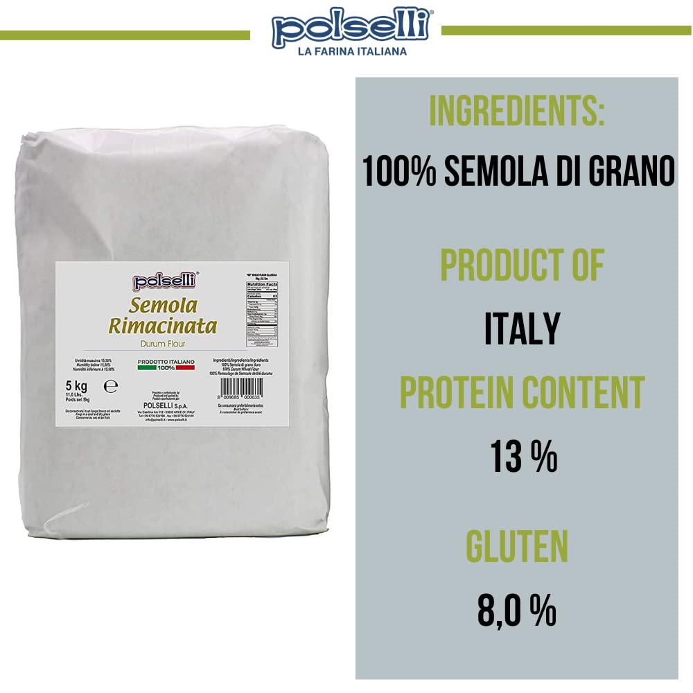 Italian Semola Flour, 11 Lbs (5 Kg), Fine Ground Semolina Rimachinata For Fresh Pasta, Bread, Grano Duro, Product Of Italy, Duru