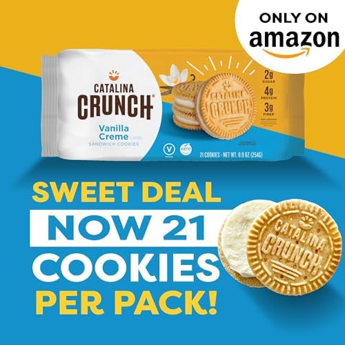 Catalina Crunch Vanilla Creme Sandwich Cookies, Low Carb, Low-Sugar Snacks, Keto Snacks, 8.9 Oz (21 Cookies)