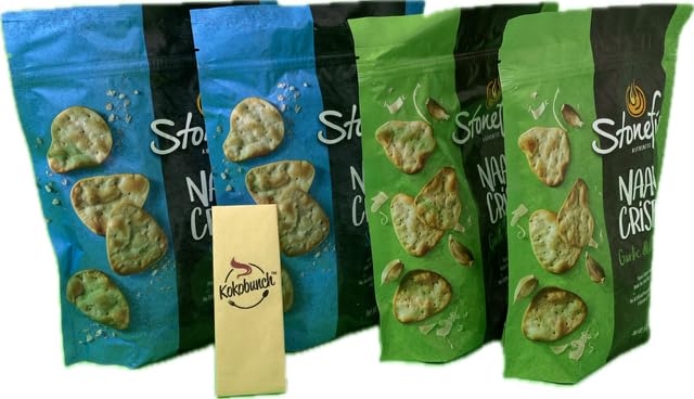 Kokobunch Variety Bundles Of Stonefires Authentic Naan Crisps Flatbread Cracker 4 or 3 Assorted Pack (6oz, 2 Bags of Garlic And
