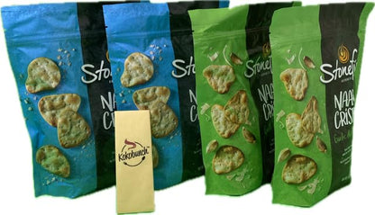 Kokobunch Variety Bundles Of Stonefires Authentic Naan Crisps Flatbread Cracker 4 or 3 Assorted Pack (6oz, 2 Bags of Garlic And