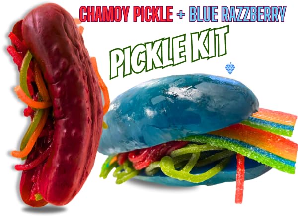 Chamoy Pickle Kit + Blue Raspberry Pickle In A Pouch For 2 People (21 Pcs) Comes With Takis, Fruit Rollup, Lucas Gusano, Skwinkl
