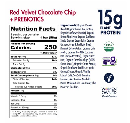 Shanti Bar Plant Protein + Immunity Superfoods, Prebiotics | Vegan, Gluten Free, Paleo, Raw Healthy Snack, Certified Organic, Low Glycemic, No Refined Sugars | Red Velvet Chocolate Chip | 12 Count