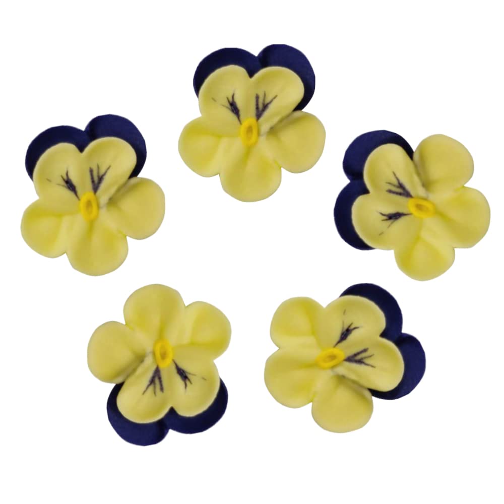 OCREME Royal Icing Sugar Flower Pansy 1-1/4 Inch Yellow/Royal Blue, Model OCRIF-5 for Cake Decorating