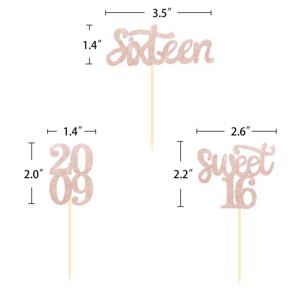 Partico 24 Pcs Cupcake Toppers, Sweet 16 Rose Gold Glitter Decorations, Paper, for 16th Birthday Party
