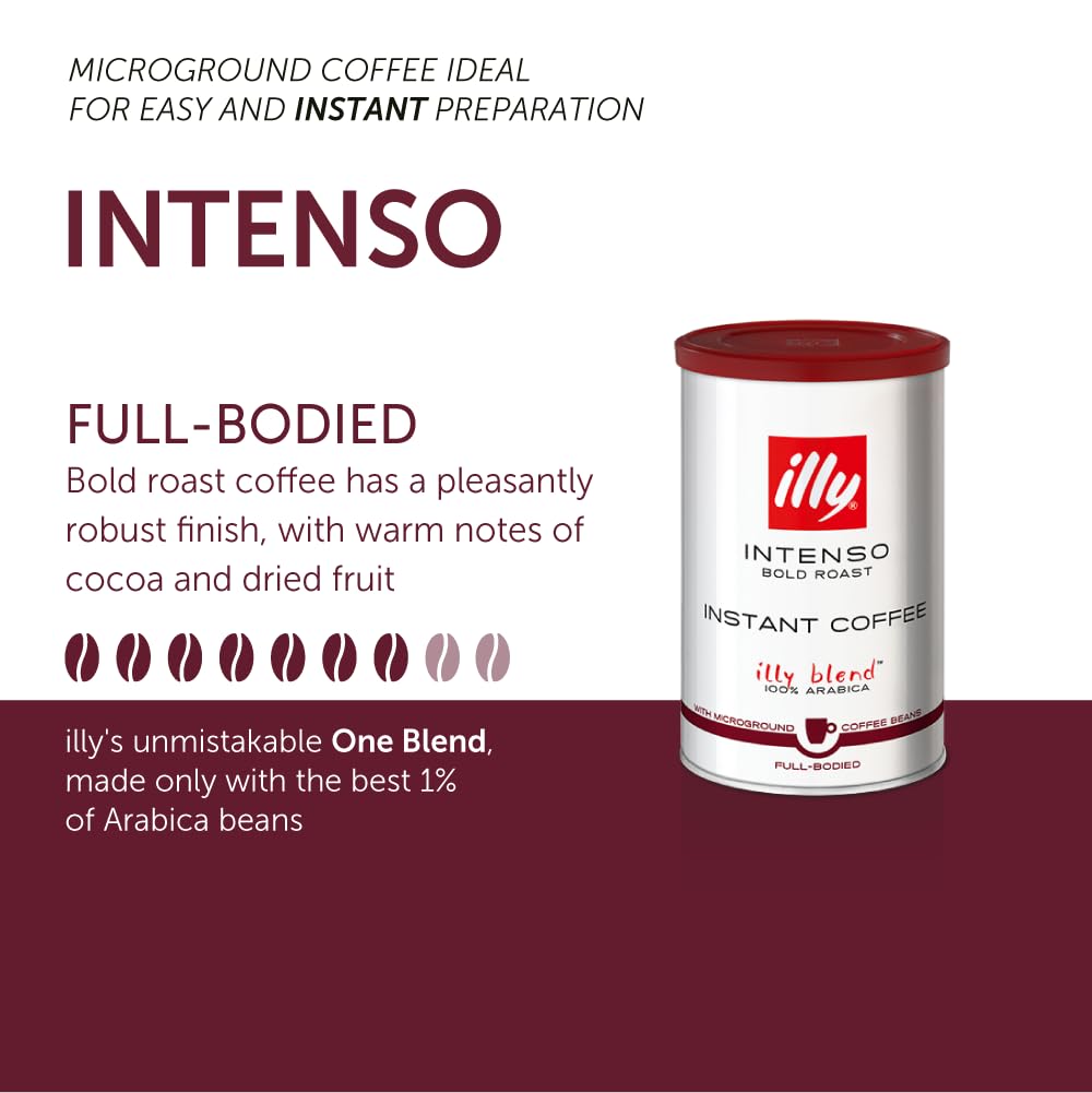 Illy Instant Coffee- 100% Arabica Coffee – Intenso Dark Roast – Warm Notes Of Cocoa & Dried Fruit - Easy Preparation - Convenient Coffee Instant Format - Roasted In Italy – 3.3 Ounce