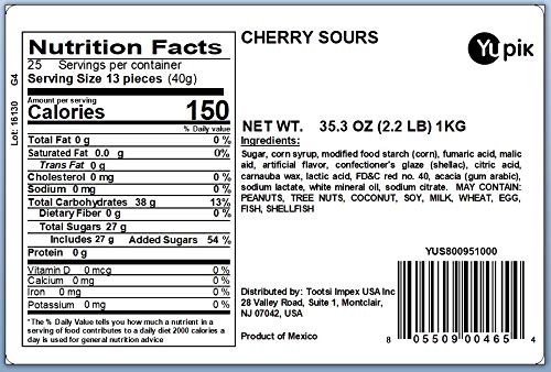 Yupik Sour Cherry Candies, 2.2 lb (35.2 oz) , Pack of 6, Cherry-Flavored Balls, Sweet & Tart, Chewy Red Gummies, Fun Treat, Swee