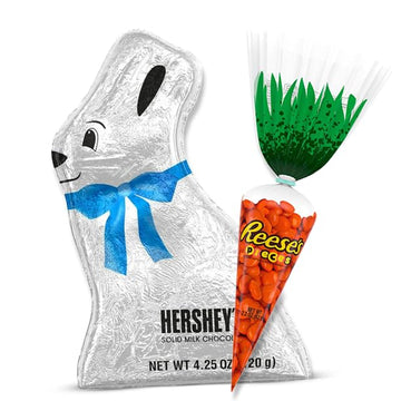 Hershey Solid Milk Chocolate Bunny & Pieces Carrot Bag - Large Wrapped Bunny With Chocolate Candy In a Crunchy Shell For Basket 