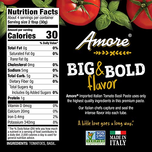 Amore Vegan Basil Tomato Paste In A Tube - Non Gmo Certified And Made In Italy (Pack Of 1)