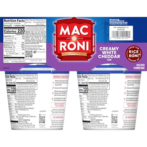 Mac A Roni Quick Cook Macaroni and Cheese Cups, Creamy White Cheddar, 2.04 Oz Cups, 4 Pack