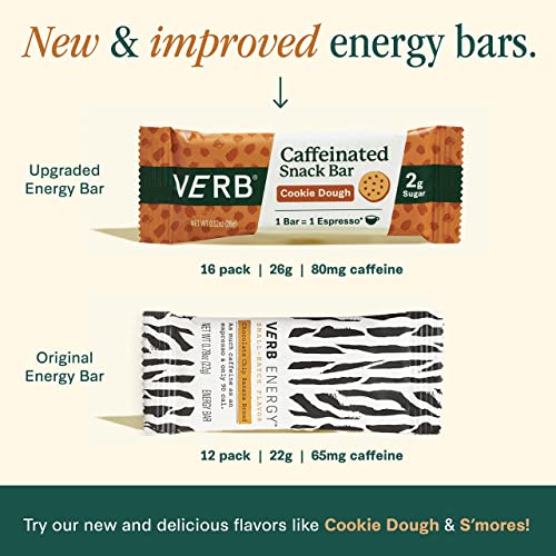 Verb Caffeinated Energy Bars Chocolate Chip Cookie Dough (26G, Pack Of 16) 110-Calorie Delicious Energy Bar, Gluten Free On-The Go Snack With 80Mg Green Tea Caffeine, Only Real-Food Ingredients
