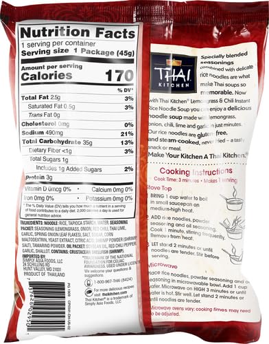 Thai Kitchen Gluten Free Lemongrass & Chili Instant Rice Noodle Soup, 1.6 oz (Pack of 3)