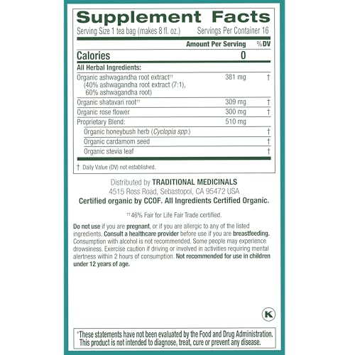 Traditional Medicinals Organic  Stress Ease Calm with Adaptogens  Ashwagandha & Honeybush - Promotes Relaxation - Kosher  Non-GMO  Caffeine-Free  Compostable - 96 Tea Bags (6 Packs of 16)