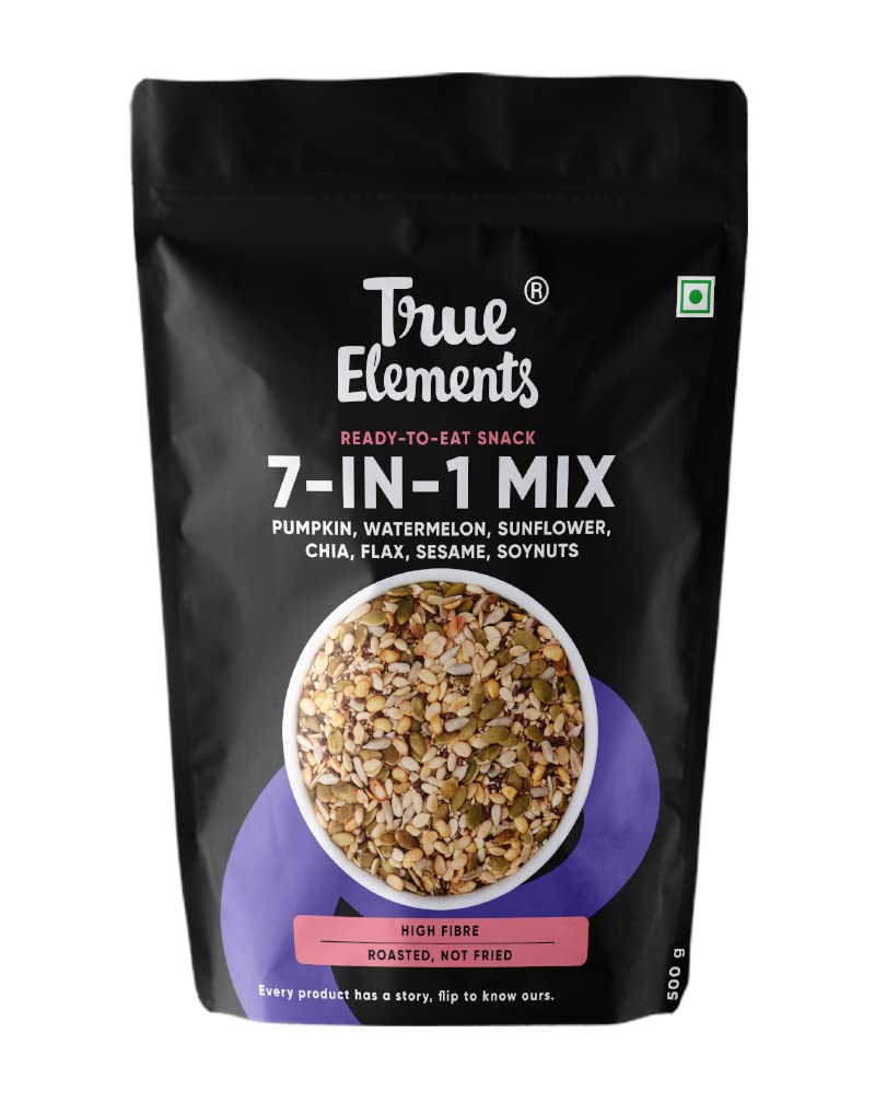 True Elements Seeds Mix - 7 in 1 Super Seeds & Nut Mix 500g - (Roasted Pumpkin Seeds, Watermelon Seeds, Sunflower Seeds, Flax Se
