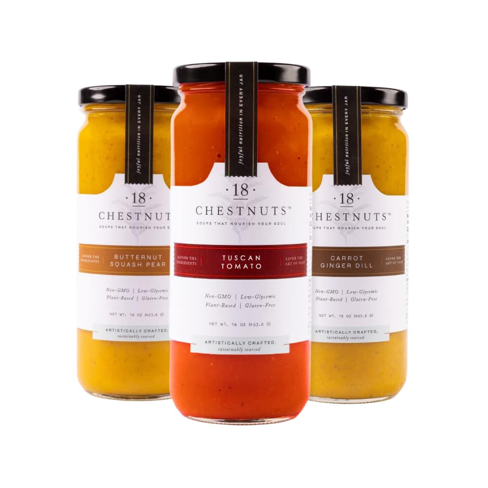18 Chestnuts Plant Based Soup - Carrot Ginger Dill, Tuscan Tomato, and Butternut Squash Pear Soup Bundle, Plant Based & Gluten F