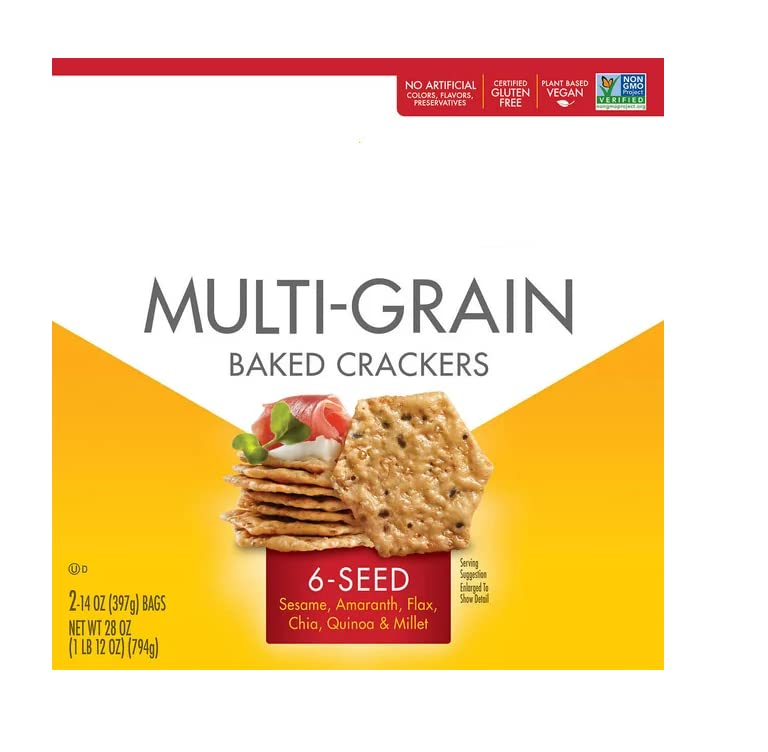 Multi-Grain Baked Crackers 6 Seed (Sesame, Amaranth, Flax, Chia, Quinoa & Millet) One Box Net WT. 2-14 Oz (397g)