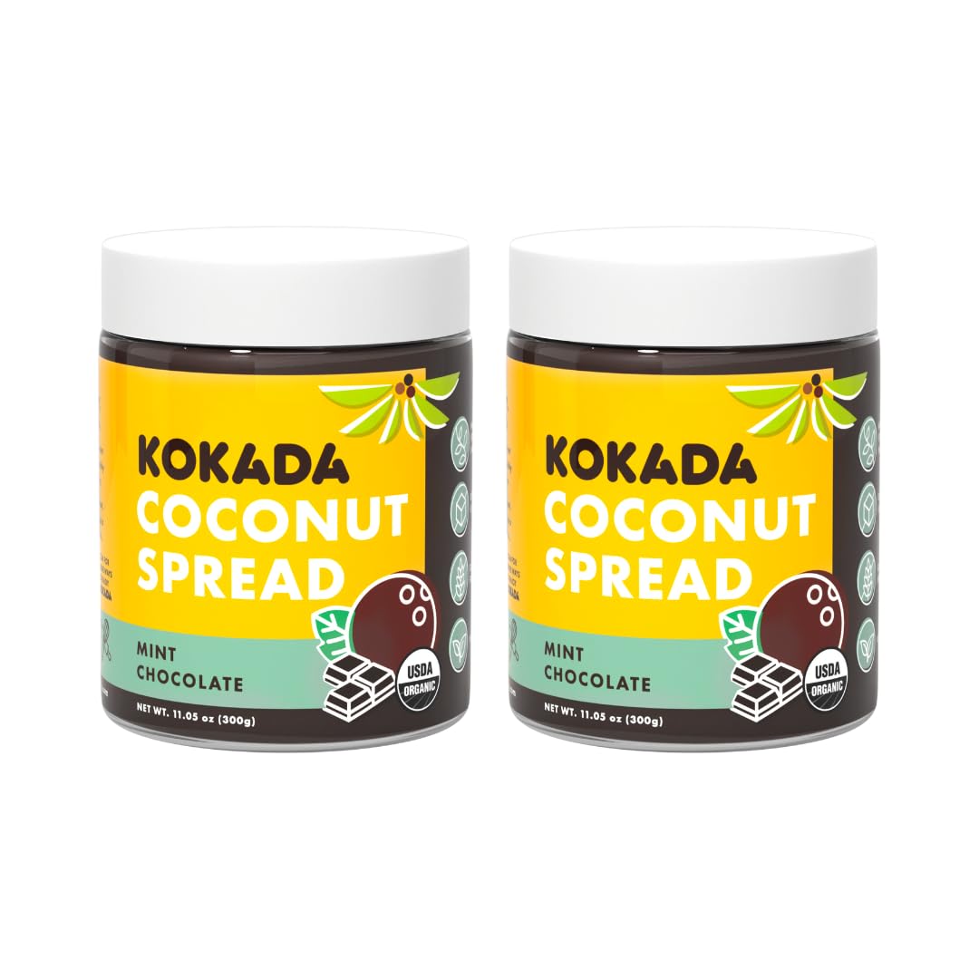 Kokada Coconut Spread, Mint Chocolate (11oz Jars, Pack of 2 Jars) - Peanut Free, School Safe Snack, Organic Ingredients, Vegan, 