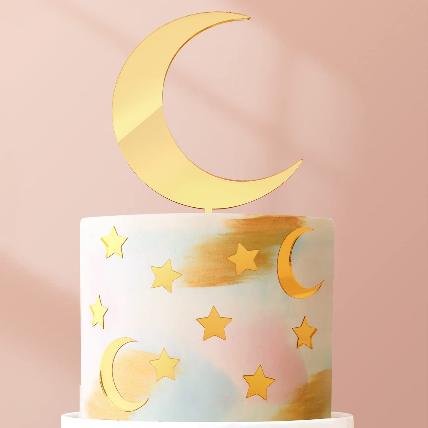 Huray Rayho 27 Pcs Moon Star Cake Toppers Acrylic Cake Decorations Twinkle Twinkle Little Star Celestial Cake Charms Mirror Gold