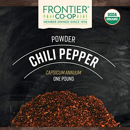 Frontier Co-op Organic Chili Powder, 1 lb Bulk Bag - Medium Roasted Red Chili Powder - Kosher, Non-Irradiated - Ground Capsicum